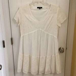 Suzanne Betro Cream Eyelet V-Neck Tiered Midi Dress